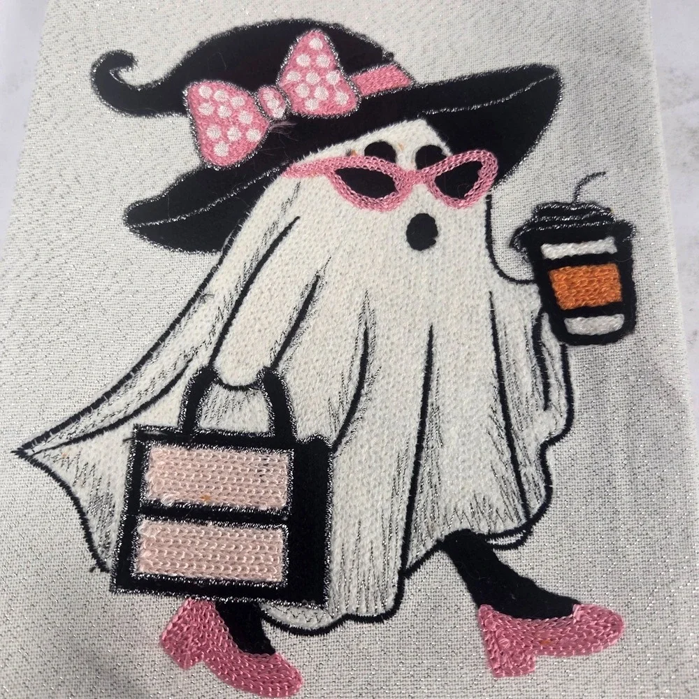 Halloween Ghost Kitchen Towels Set of 2 Pink Ghost Witch Coffee Embroidered20x28